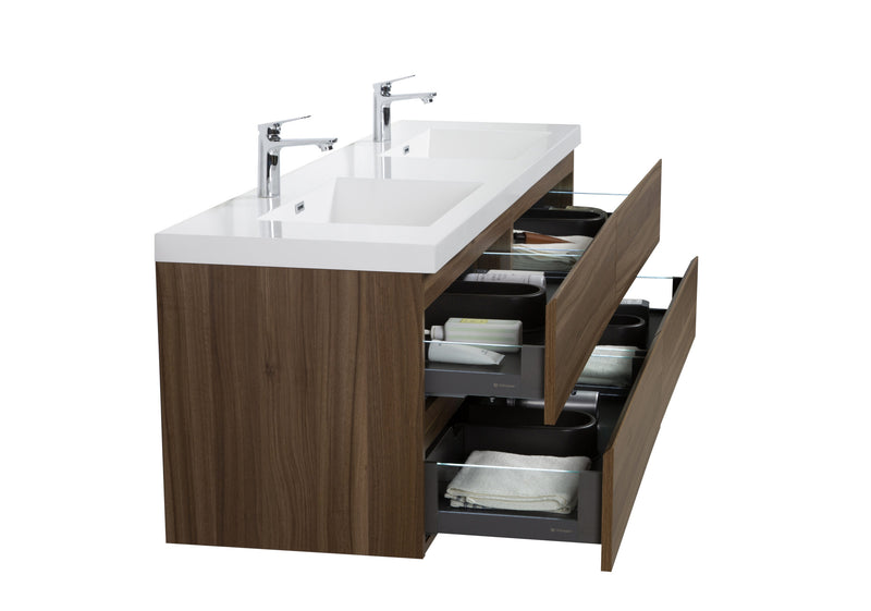Laviva 313AUR-72DSW-GW Aurora 72" Smokey Walnut Wall Hung Double Sink Bathroom Vanity with White Acrylic Countertop