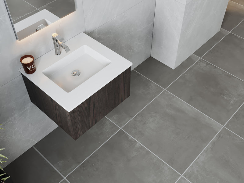 Laviva 313LGN-24CR-MW Legno 24" Carbon Oak Bathroom Vanity with Matte White VIVA Stone Solid Surface Countertop
