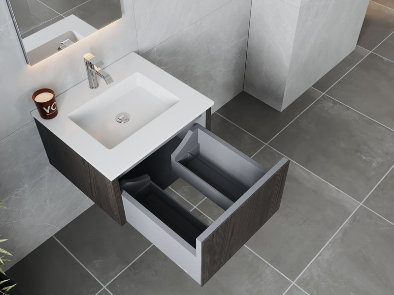 Laviva 313LGN-24CR-MW Legno 24" Carbon Oak Bathroom Vanity with Matte White VIVA Stone Solid Surface Countertop