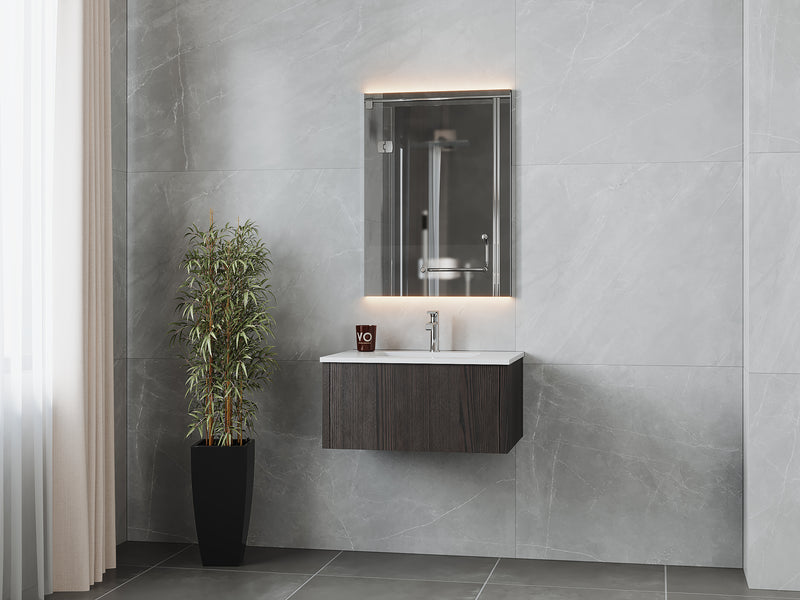 Laviva 313LGN-30CR-MW Legno 30" Carbon Oak Bathroom Vanity with Matte White VIVA Stone Solid Surface Countertop