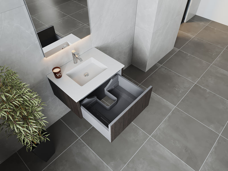 Laviva 313LGN-30CR-MW Legno 30" Carbon Oak Bathroom Vanity with Matte White VIVA Stone Solid Surface Countertop