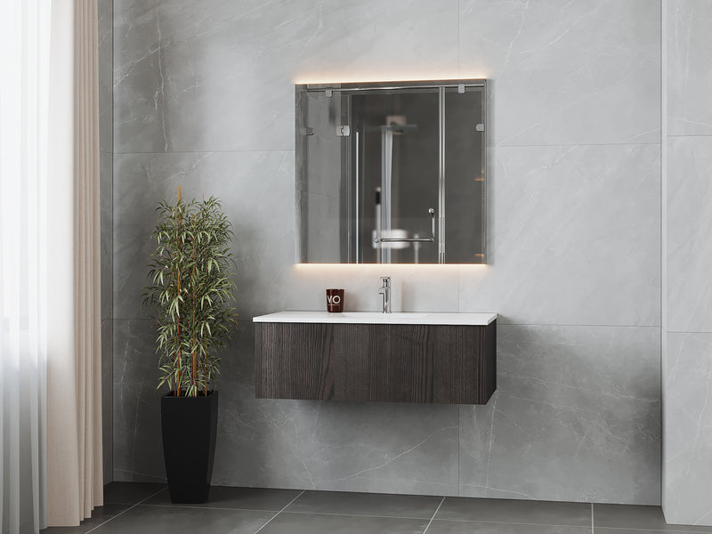 Laviva 313LGN-42CR-MW Legno 42" Carbon Oak Bathroom Vanity with Matte White VIVA Stone Solid Surface Countertop