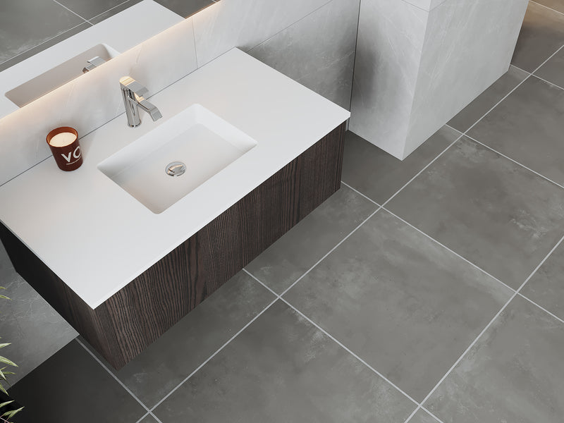 Laviva 313LGN-42CR-MW Legno 42" Carbon Oak Bathroom Vanity with Matte White VIVA Stone Solid Surface Countertop