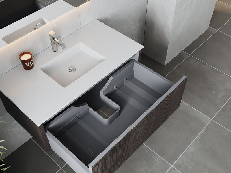 Laviva 313LGN-42CR-MW Legno 42" Carbon Oak Bathroom Vanity with Matte White VIVA Stone Solid Surface Countertop