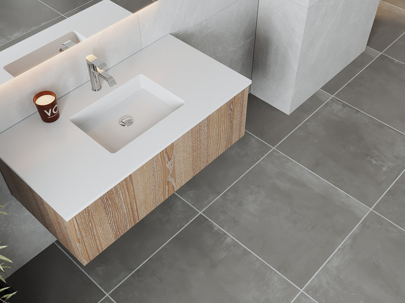 Laviva 313LGN-42WG-MW Legno 42" Weathered Grey Bathroom Vanity with Matte White VIVA Stone Solid Surface Countertop