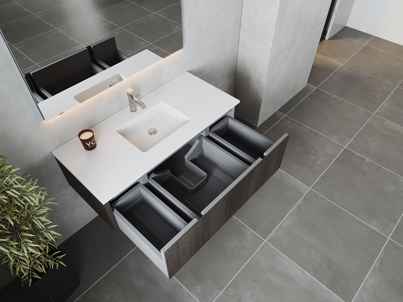 Laviva 313LGN-48CR-MW Legno 48" Carbon Oak Bathroom Vanity with Matte White VIVA Stone Solid Surface Countertop