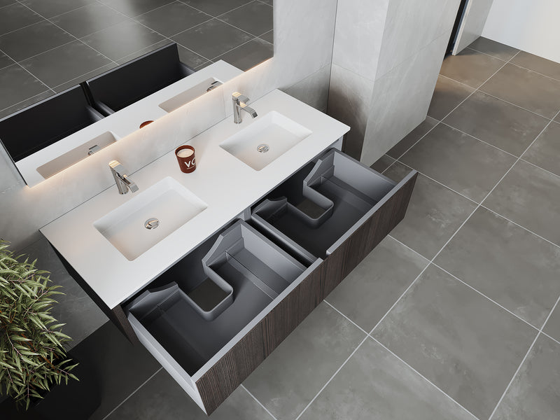 Laviva 313LGN-60DCR-MW Legno 60" Carbon Oak Double Sink Bathroom Vanity with Matte White VIVA Stone Solid Surface Countertop