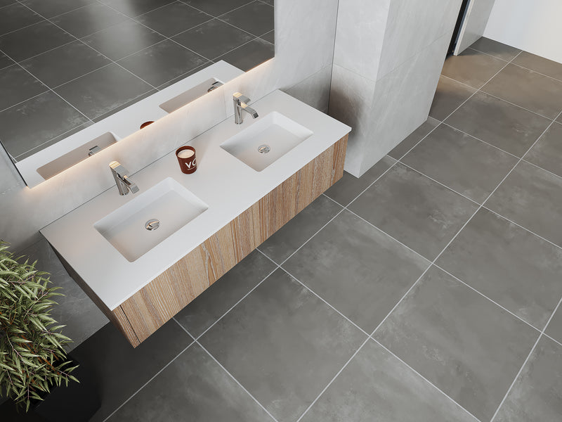 Laviva 313LGN-60DWG-MW Legno 60" Weathered Grey Double Sink Bathroom Vanity with Matte White VIVA Stone Solid Surface Countertop