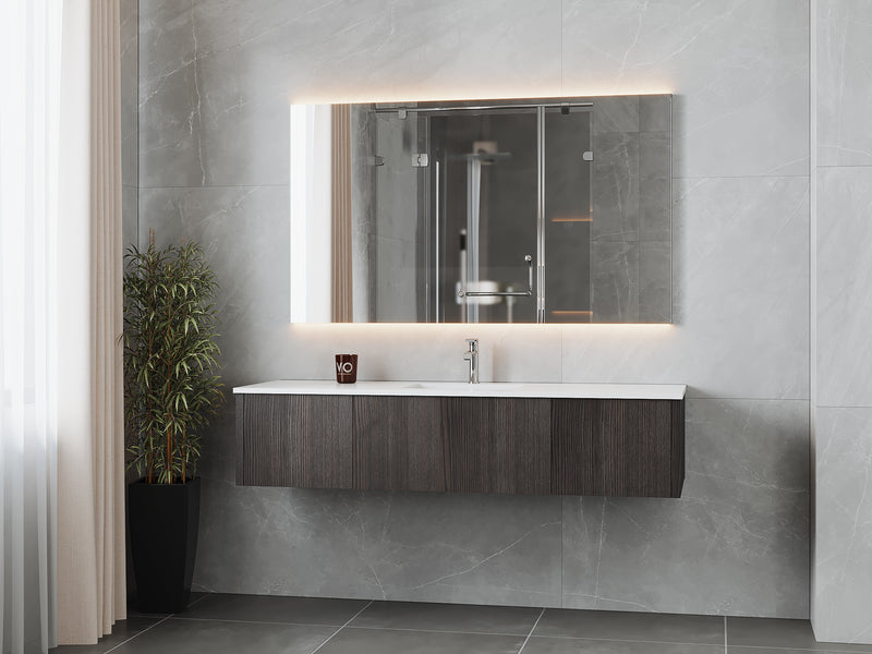 Laviva 313LGN-66CR-MW Legno 66" Carbon Oak Bathroom Vanity with Matte White VIVA Stone Solid Surface Countertop