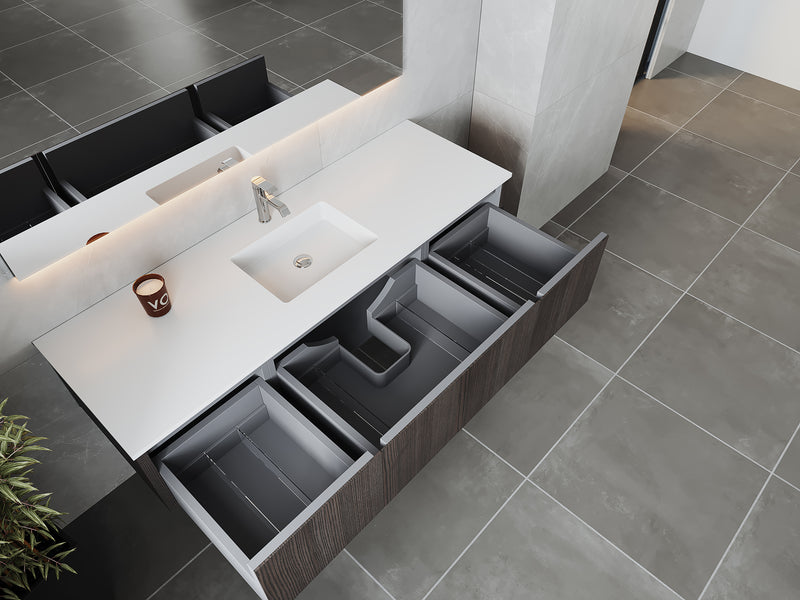 Laviva 313LGN-66CR-MW Legno 66" Carbon Oak Bathroom Vanity with Matte White VIVA Stone Solid Surface Countertop