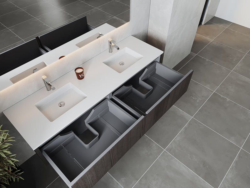 Laviva 313LGN-72DCR-MW Legno 72" Carbon Oak Double Sink Bathroom Vanity with Matte White VIVA Stone Solid Surface Countertop