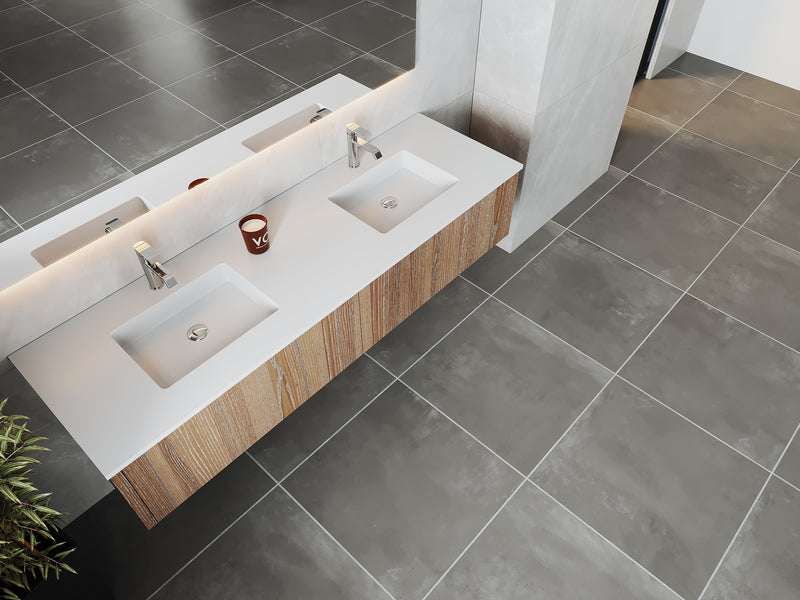 Laviva 313LGN-72DWG-MW Legno 72" Weathered Grey Double Sink Bathroom Vanity with Matte White VIVA Stone Solid Surface Countertop