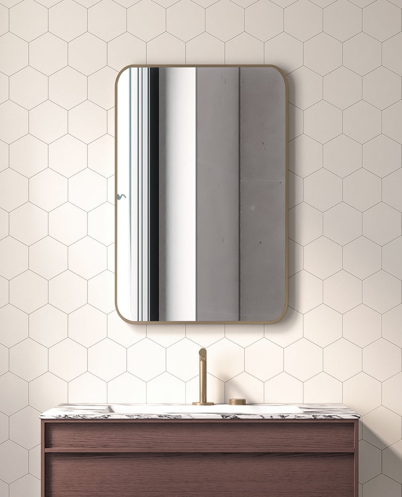 Laviva 313MFLAT-2436SB Latitude 24" x 36" Rectangular Soft Radius Metal Framed Satin Brass Mirror - Reversible Mount