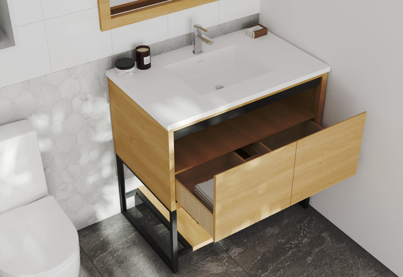 Laviva 313SMR-36CO-MW Alto 36" California White Oak Bathroom Vanity with Matte White VIVA Stone Solid Surface Countertop