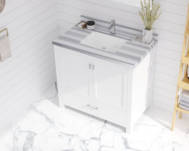 Laviva 313SQ1H-36-WS Forever 36" Single Hole White Stripes Marble Countertop with Rectangular Ceramic Sink