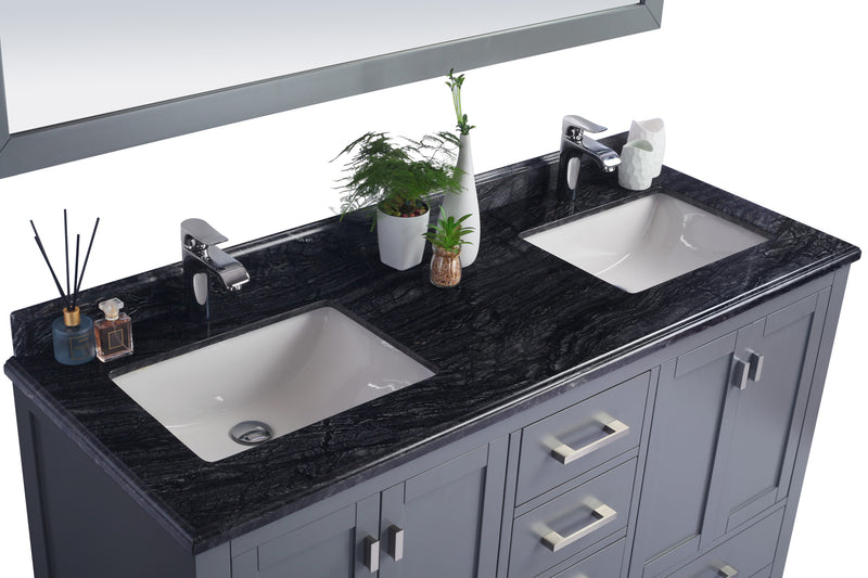Laviva 313SQ1H-60-BW Forever 60" Single Hole Black Wood Marble Countertop with Double Rectangular Ceramic Sinks