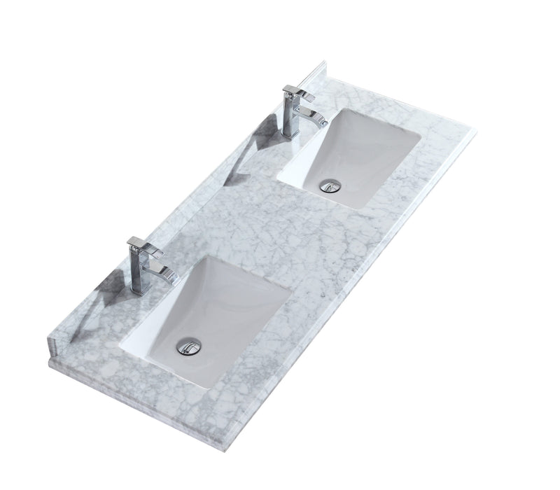 Laviva 313SQ1H-60-WC Forever 60" Single Hole White Carrara Marble Countertop with Double Rectangular Ceramic Sinks