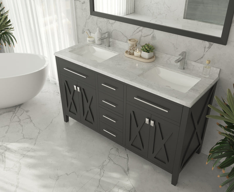 Laviva 313SQ1H-60-WC Forever 60" Single Hole White Carrara Marble Countertop with Double Rectangular Ceramic Sinks