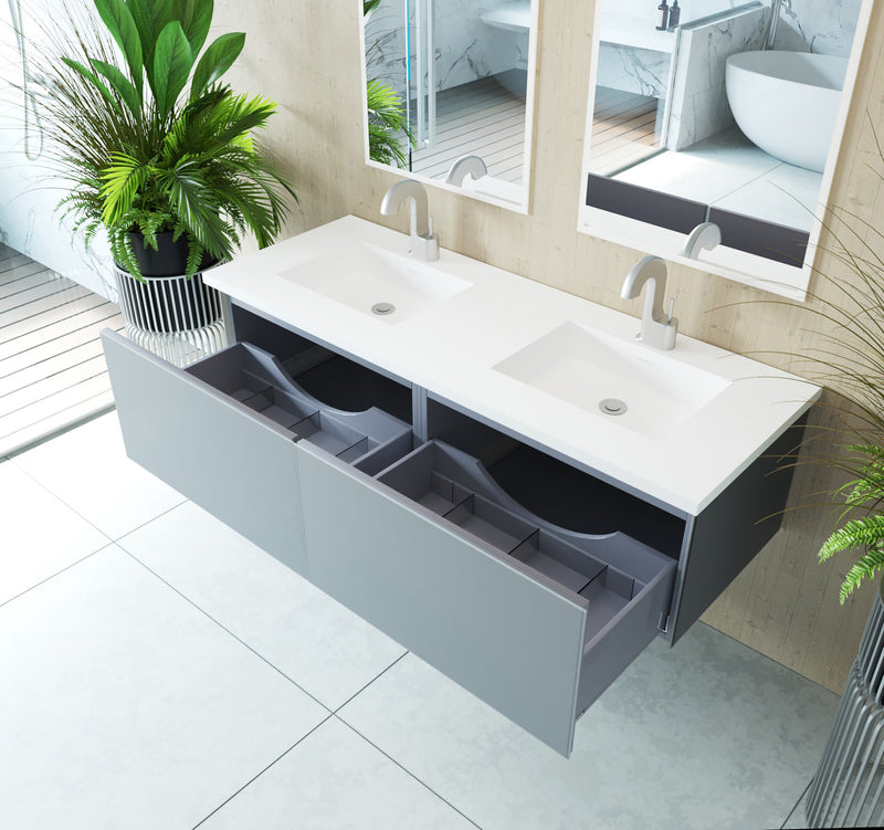 Laviva 313VTR-60DFG-MW Vitri 60" Fossil Grey Double Sink Bathroom Vanity with VIVA Stone Matte White Solid Surface Countertop