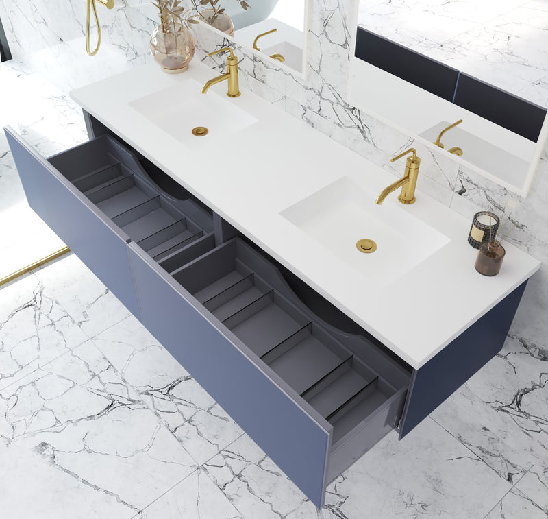 Laviva 313VTR-72DNB-MW Vitri 72" Nautical Blue Double Sink Bathroom Vanity with VIVA Stone Matte White Solid Surface Countertop