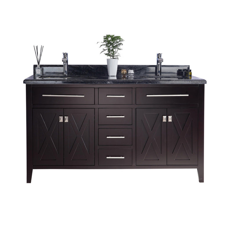 Laviva 313YG319-60B-BW Wimbledon 60" Brown Double Sink Bathroom Vanity with Black Wood Marble Countertop