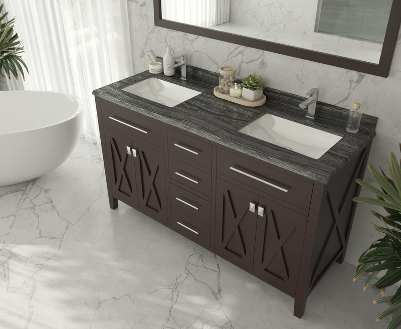 Laviva 313YG319-60B-BW Wimbledon 60" Brown Double Sink Bathroom Vanity with Black Wood Marble Countertop