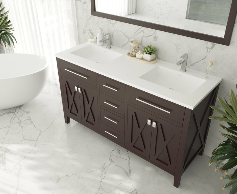Laviva 313YG319-60B-MW Wimbledon 60" Brown Double Sink Bathroom Vanity with Matte White VIVA Stone Solid Surface Countertop