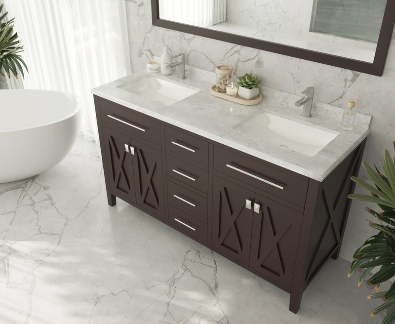 Laviva 313YG319-60B-WC Wimbledon 60" Brown Double Sink Bathroom Vanity with White Carrara Marble Countertop