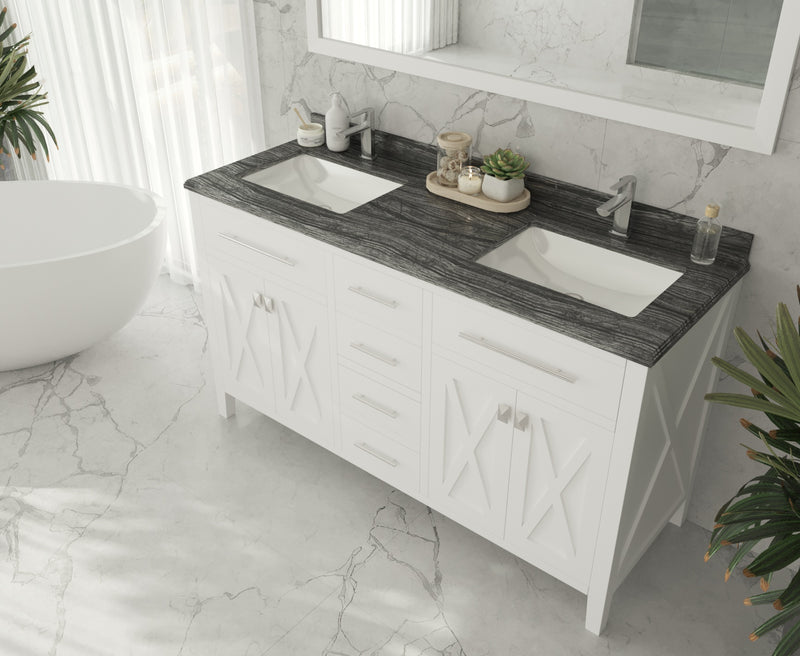 Laviva 313YG319-60W-BW Wimbledon 60" White Double Sink Bathroom Vanity with Black Wood Marble Countertop