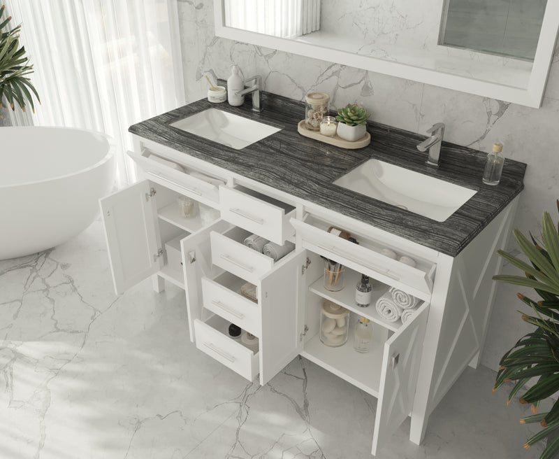 Laviva 313YG319-60W-BW Wimbledon 60" White Double Sink Bathroom Vanity with Black Wood Marble Countertop