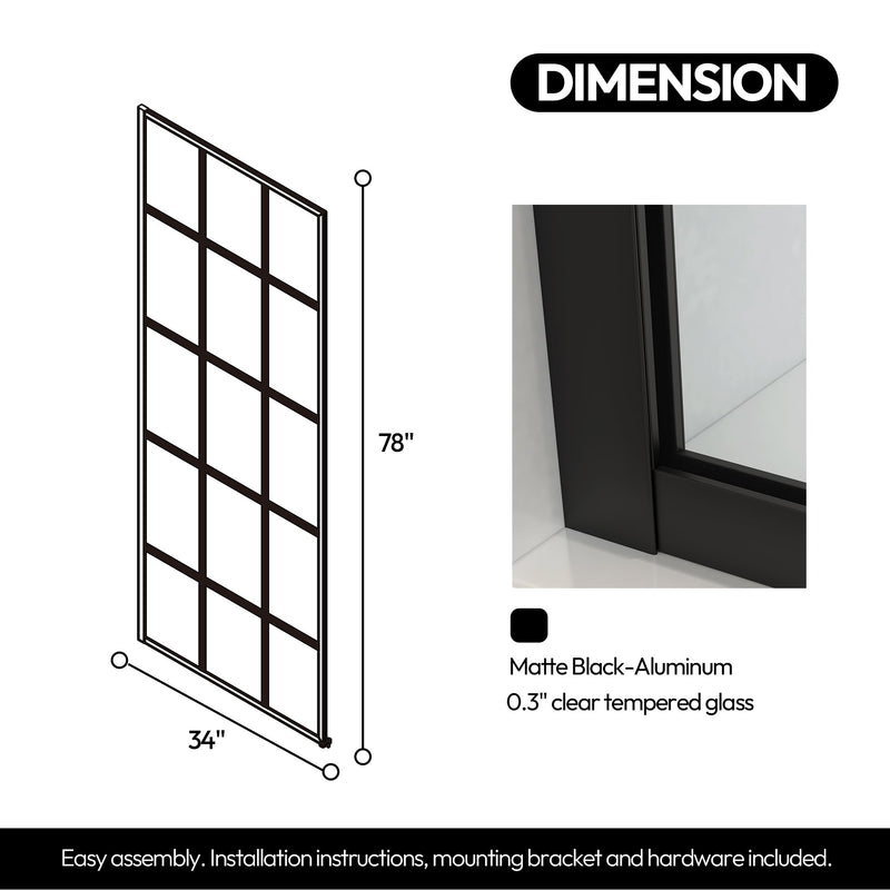 Vinnova 319034-WR-MB Puente 34" W x 78" H Fixed Single Panel Frameless Shower Door in Matte Black with Clear Glass