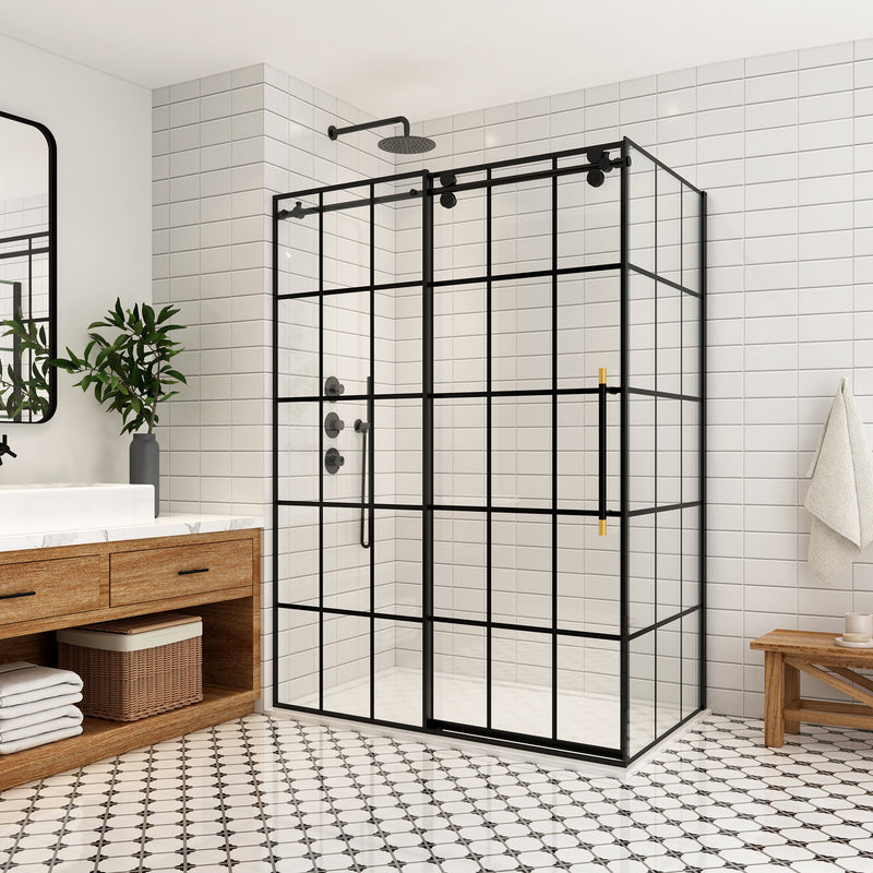 Vinnova 319048+36P-MB Puente Rectangle Single Sliding Frameless Shower Enclosure in Matte Black