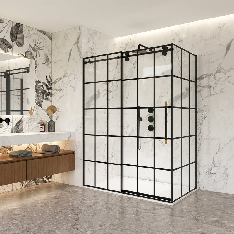 Vinnova 319048+36P-MB Puente Rectangle Single Sliding Frameless Shower Enclosure in Matte Black - view 2