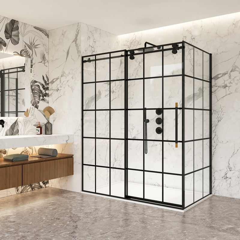 Vinnova 319048+36P-MB Puente Rectangle Single Sliding Frameless Shower Enclosure in Matte Black