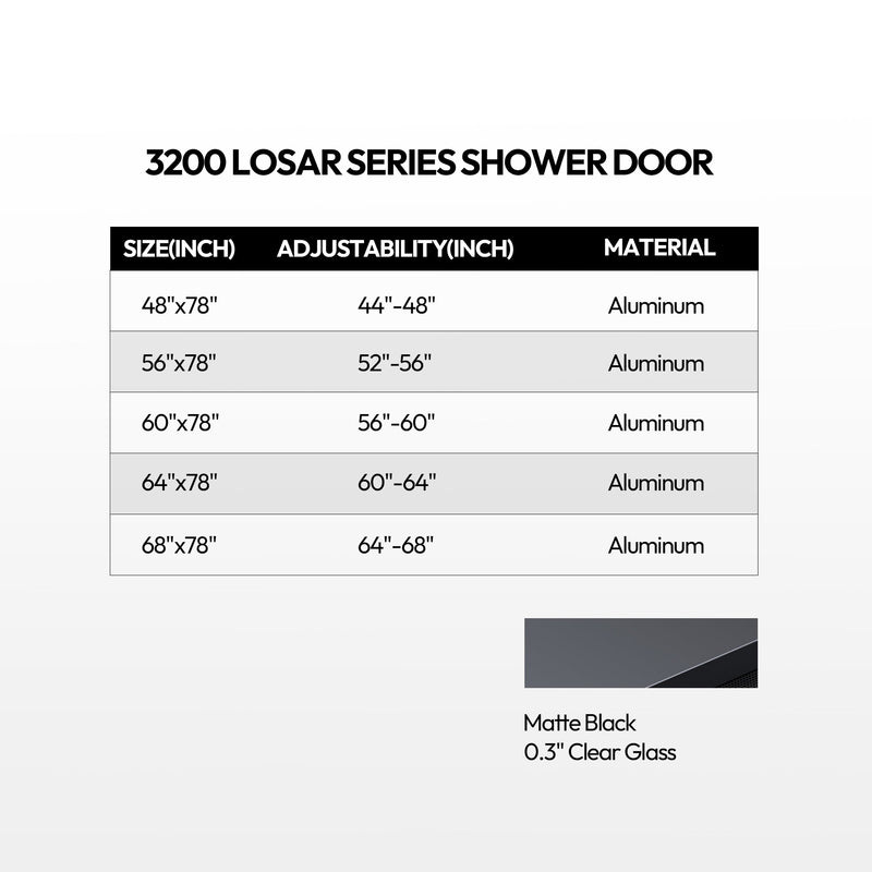 Vinnova 320048-SS-MB Losar Single Sliding Frameless Shower Door in Matte Black