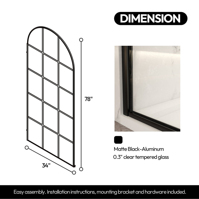 Vinnova 322034-WR-MB Aranaz 34" W x 78" H Fixed Single Panel Frameless Shower Door in Matte Black with Clear Glass