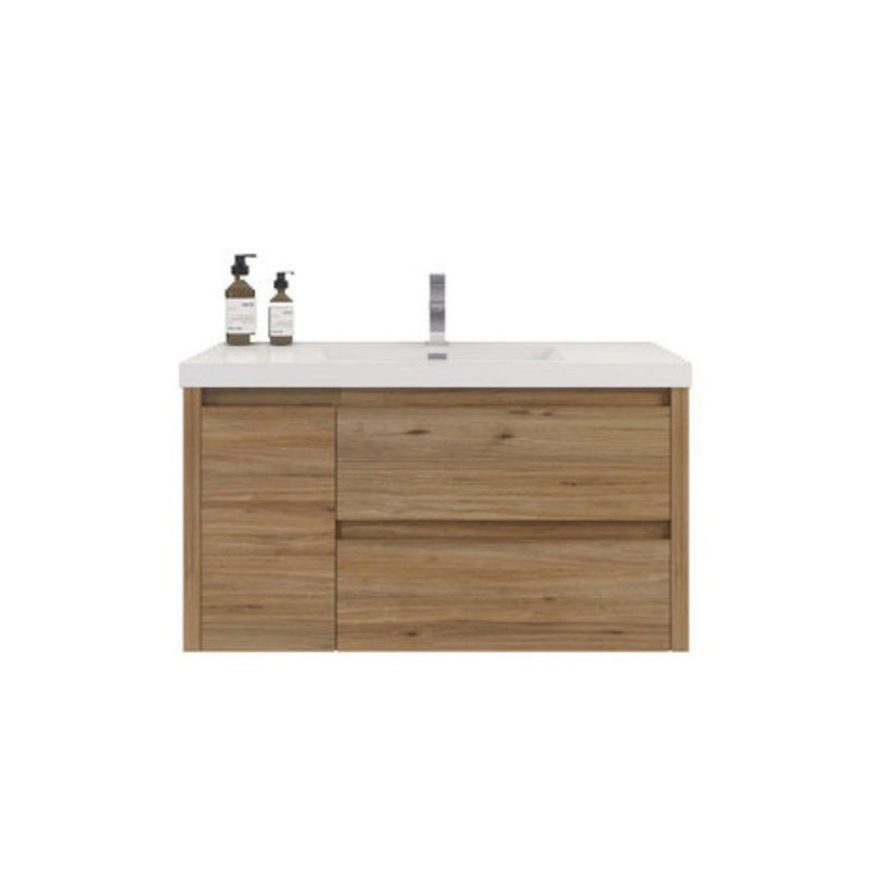 Moreno Bath JAD36R Jade 36" Floating Bathroom Vanity Set with Reinforced Acrylic Sink Top (Right Drawer) - Natural Oak