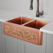 33" Ashland Copper Vine Design Double-Bowl Farmhouse Sink