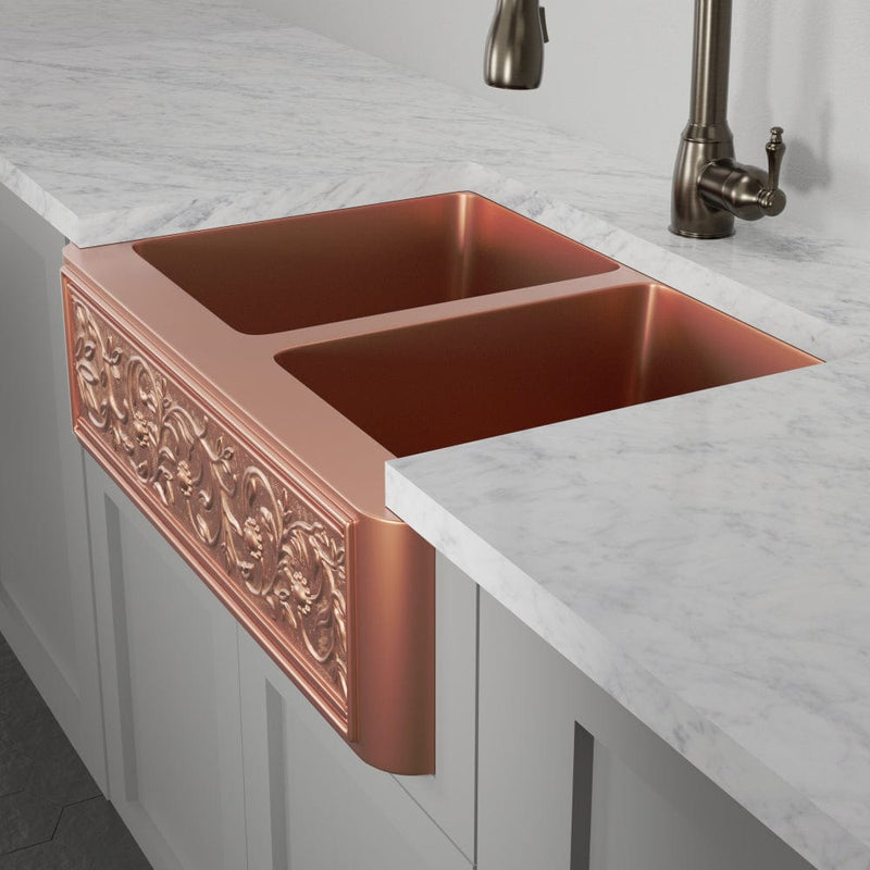 33" Ashland Copper Vine Design Double-Bowl Farmhouse Sink