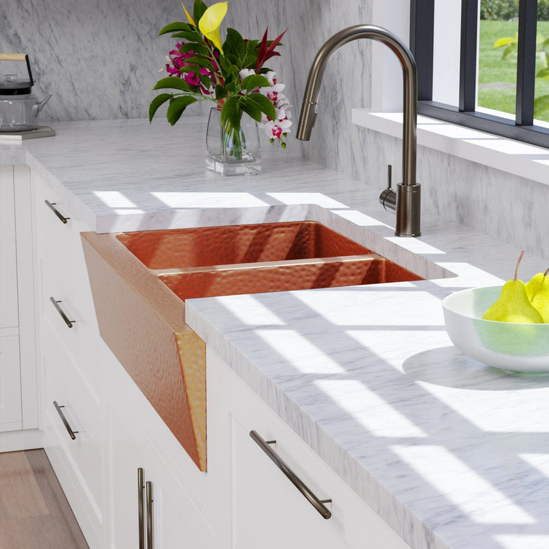 33" Atoka Hammered Copper Double-Bowl Farmhouse Sink