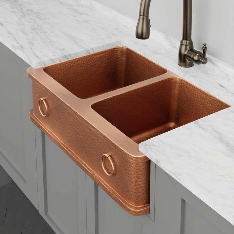 33" Galor Copper Double-Bowl Farmhouse Sink with Rings