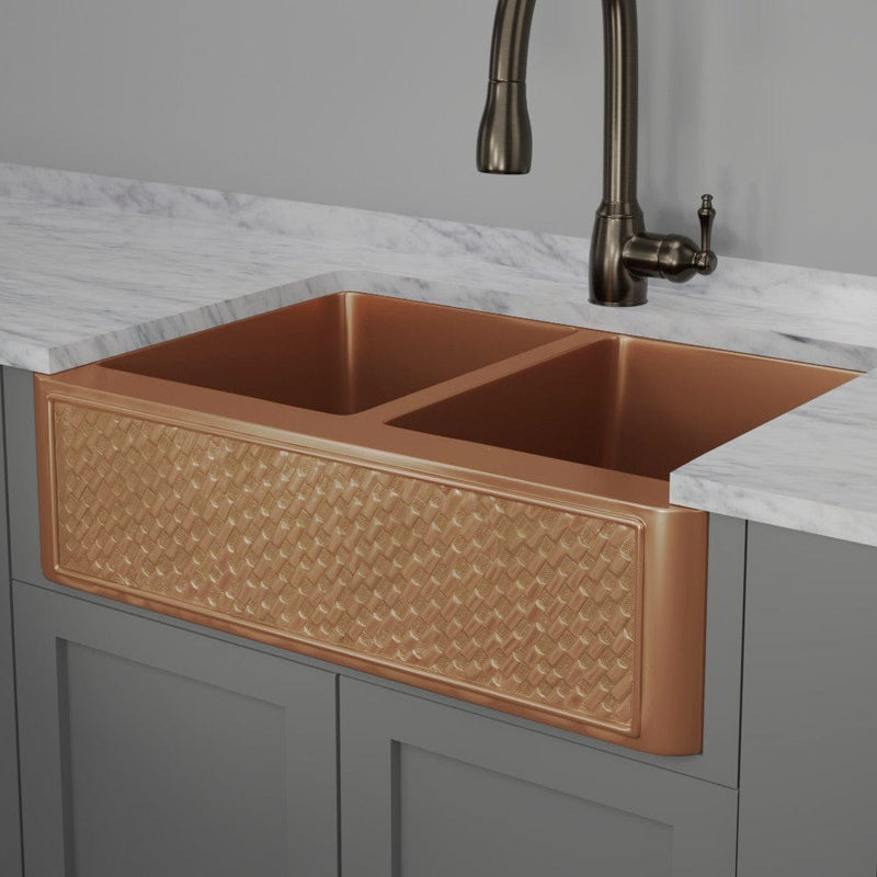 33" Ganston Copper Embossed Weave Design Double-Bowl Farmhouse Sink
