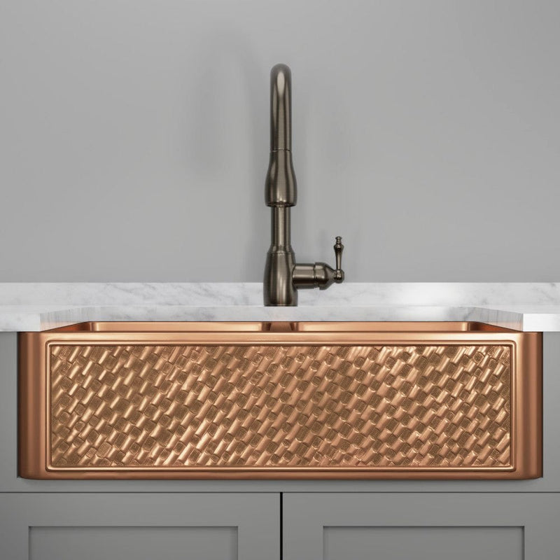 33" Ganston Copper Embossed Weave Design Double-Bowl Farmhouse Sink