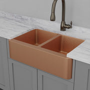33" Geneva Smooth Copper Double-Bowl Farmhouse Sink with Hammered Interior