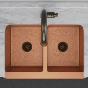 33" Geneva Smooth Copper Double-Bowl Farmhouse Sink with Hammered Interior