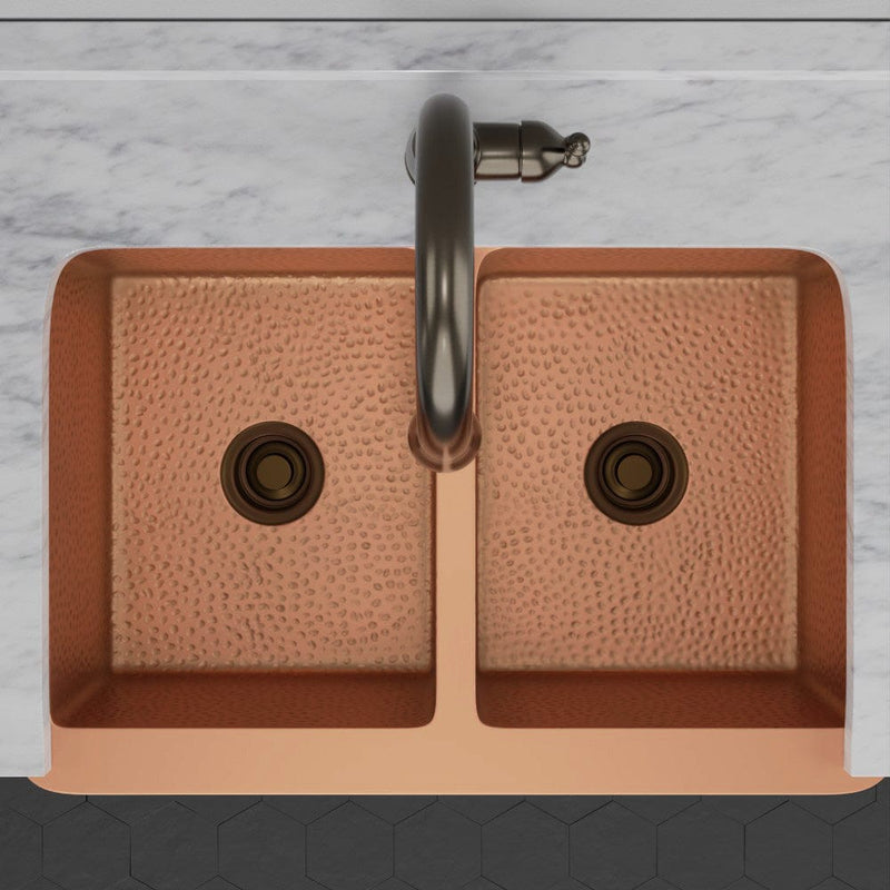 33" Geneva Smooth Copper Double-Bowl Farmhouse Sink with Hammered Interior
