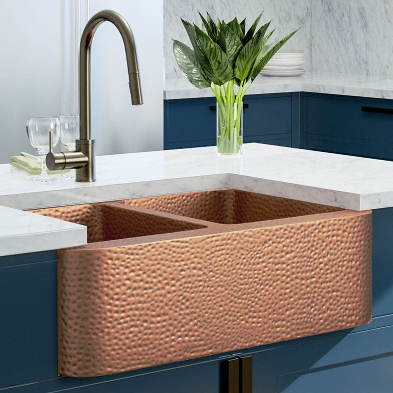 33" Sinclair Hammered Copper Double-Bowl Farmhouse Sink
