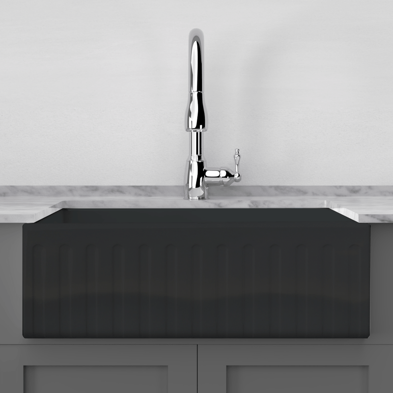 33" Uberto Handcrafted Fireclay Single-Bowl Fluted Apron Farmhouse Sink - Glossy Black