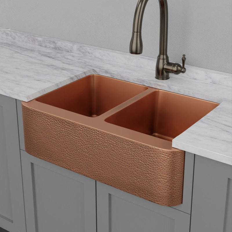 33" Wheaton Copper Hammered Apron Double-Bowl Farmhouse Sink