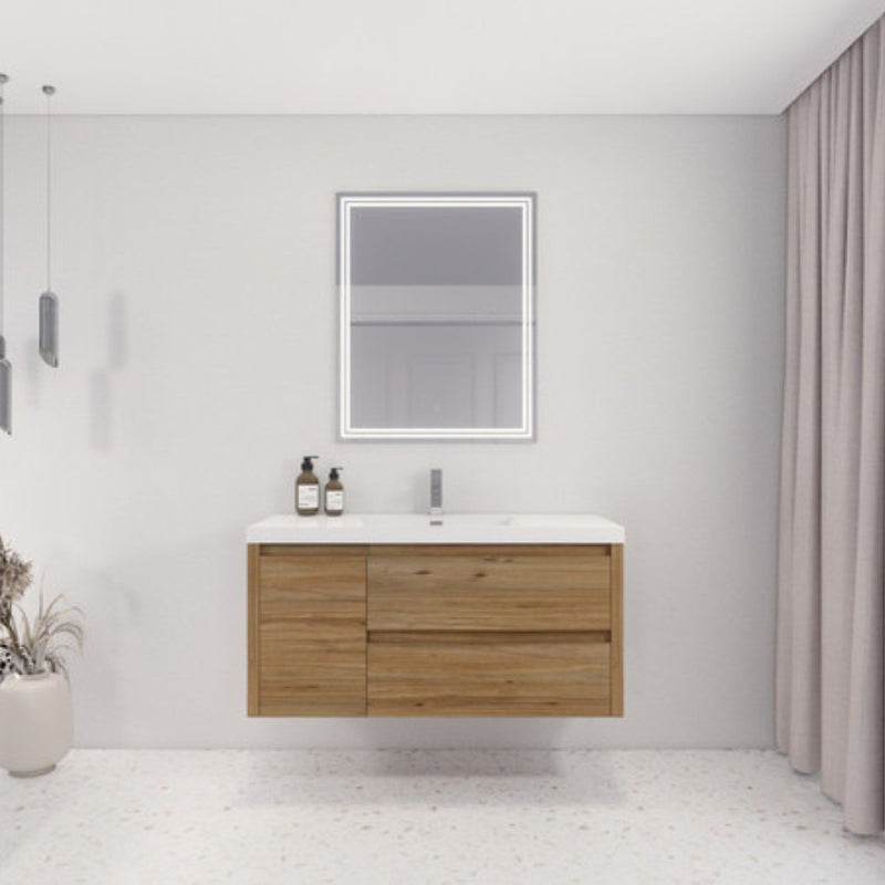 Moreno Bath JAD48R Jade 48" Floating Bathroom Vanity Set with Reinforced Acrylic Single Sink Top (Right Drawer) - Natural Oak